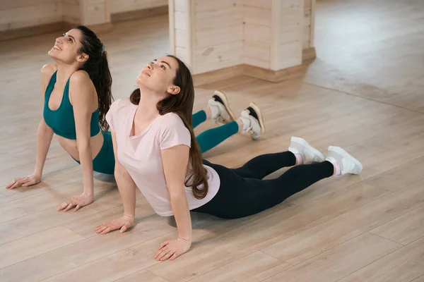 在家里 女性朋友们挨着地板进行健身锻炼 — 图库照片