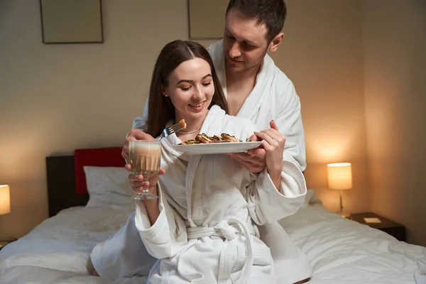 Loving Young Husband Treating His Happy Wife Tasty Breakfast Bed — Stock Photo, Image