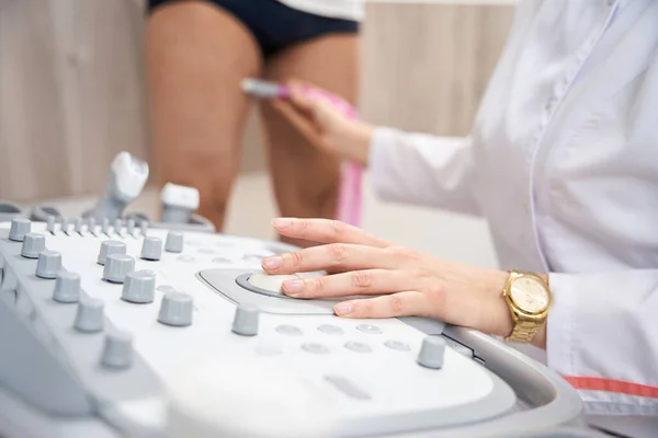 Nurse Sitting Patient Making Ultrasound Examination Lower Extremities Controlling Computer — Stock Photo, Image