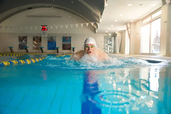 Professional Sportsman White Cap Goggles Engaged Sports Exercises Pool Swimming — Stock Photo, Image