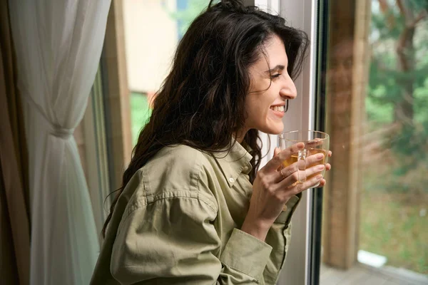 Attractive Beautiful Woman Holding Cup Tea Looking Out Window Cozy — Stock Photo, Image