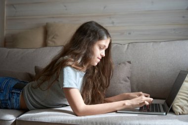 Kanepede yatarken taşınabilir bilgisayarda yazan ciddi ergen kızın yan görüntüsü.