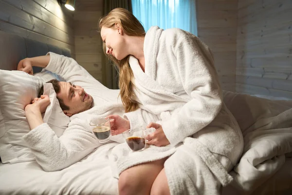 Loving Caring Wife Bringing Coffee Bed Her Husband Pleasure Morning — Stock Photo, Image