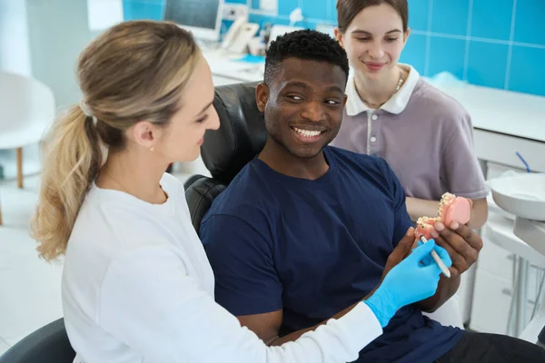 Smiling African American Client Satisfied Dental Prosthetics Way Stomatologist Nurse — Stock Photo, Image