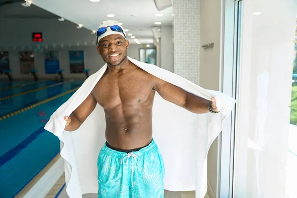 Smiling Fit Young African American Swimmer Terry Bath Towel His — Stock Photo, Image