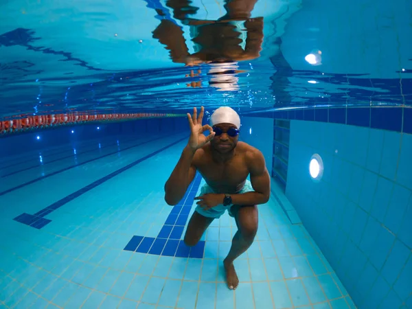Calm sportsperson in swim cap and goggles making OK hand sign while exercising under water
