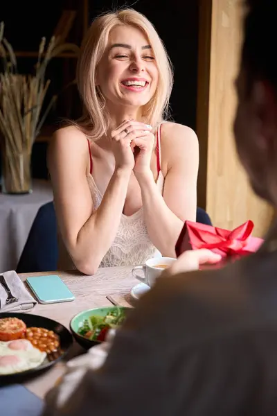 Happy Excited Woman Sincerely Laughing Rejoicing Receiving Gift Beloved Man — Stock Photo, Image