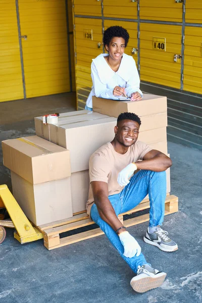 Warehouse Employees Manager Loader Workplace Cargo Cart Cardboard Boxes — Stock Photo, Image