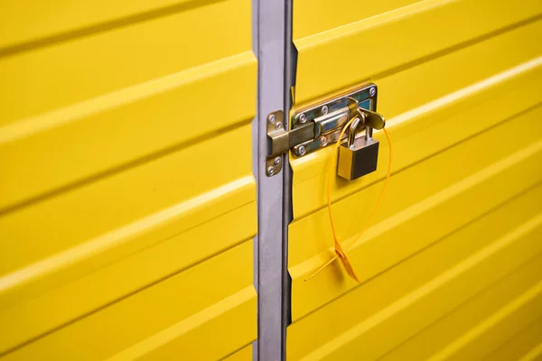 Bright Yellow Door Closed Small Padlock Seal Lock — Stock Photo, Image
