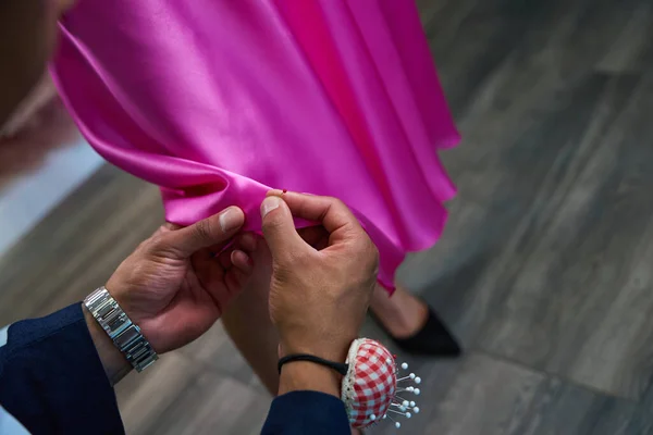 Closeup Tailor Hands Pinning Hem Customer Dress Fitting Session — Stock Photo, Image