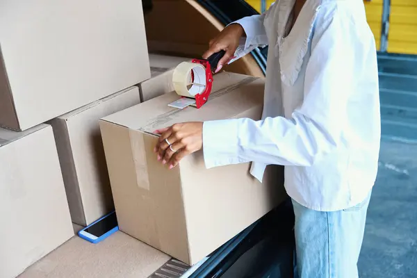 Female Uses Tape Dispenser Has Many Cardboard Boxes Things Trunk — Stock Photo, Image