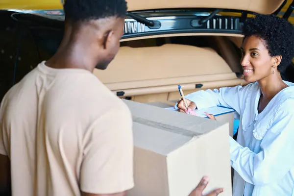 Cute African American Woman Making Inventory Things Being Deposited Next — Stock Photo, Image
