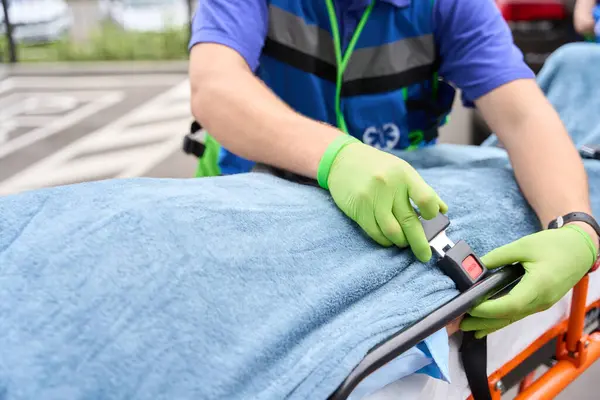 Ambulance Medic Fixes Patient Special Stretcher Transportation Ambulance — Stock Photo, Image