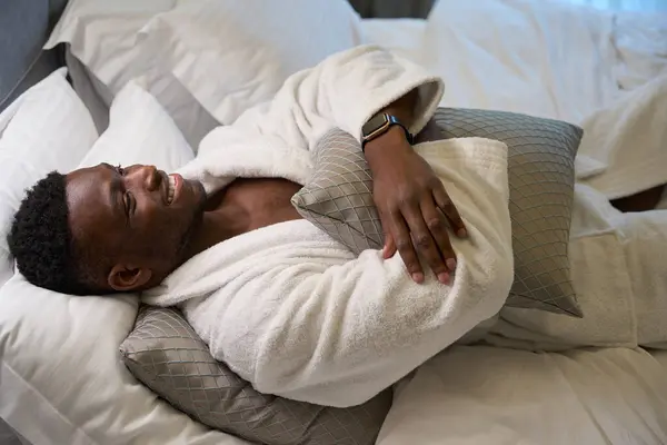 Guy Enjoys Morning Relaxation Cozy Bedroom Soft Bathrobe — Stock Photo, Image