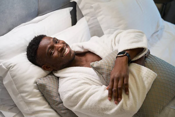 Male Enjoys Morning Relaxation Cozy Bedroom Soft Bathrobe — Stock Photo, Image
