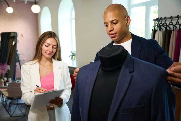 Clothier Measuring Shoulder Width Bespoke Suit Jacket Tape Measure Presence — Stock Photo, Image