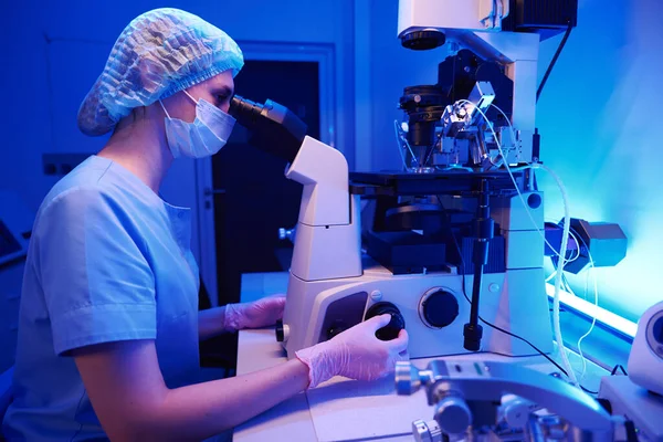 免疫光学の精子注入手順の間に顕微鏡の下で培養皿のピペットを操作する科学者 — ストック写真