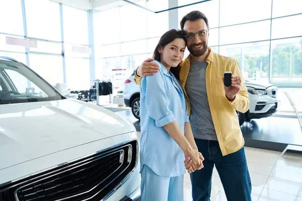 Handsome Man Key Car Hands Pretty Female Stylish Clothes Looking — Stock Photo, Image