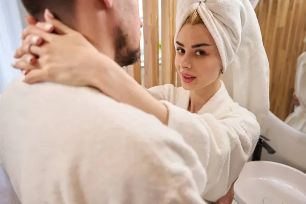 Happy Newlyweds Hugging Bathroom Woman Wearing Towel Turban — Stockfoto