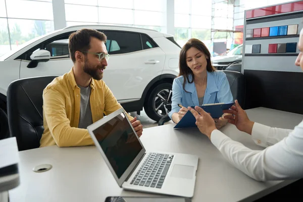 Spouses Formalize Deal Office Area Car Dealership Woman Signs Documents — Stock Photo, Image