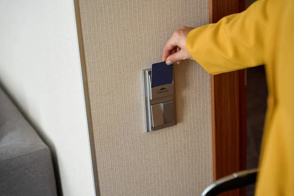 Cropped Photo Woman Hand Putting Keycard Switch Wall Hotel Room — Stock Photo, Image