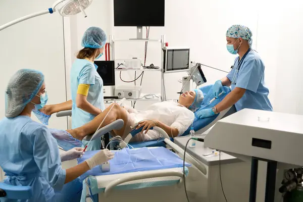 Hospital Staff Doing Ultrasound Examination Pregnant Female Patient Closed Eyes — Stock Photo, Image