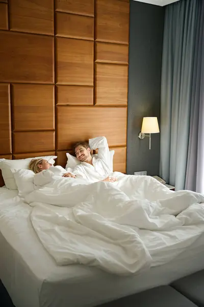Blonde Her Boyfriend Lounging Large Bed Rent Cozy Hotel Room — Stock Photo, Image