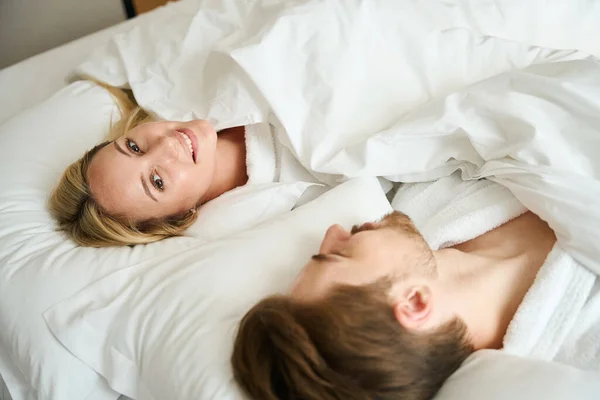 Happy Man Woman Lying Bed Cozy Terry Robes — Stock Photo, Image