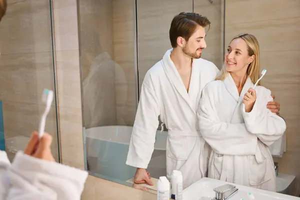 Guy Girlfriend Bathroom Doing Morning Routine Couple Cozy Terry Robes — Stock Photo, Image