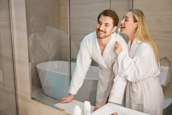 Young People Bathroom Doing Morning Routine Couple Cozy Terry Robes — Stock Photo, Image