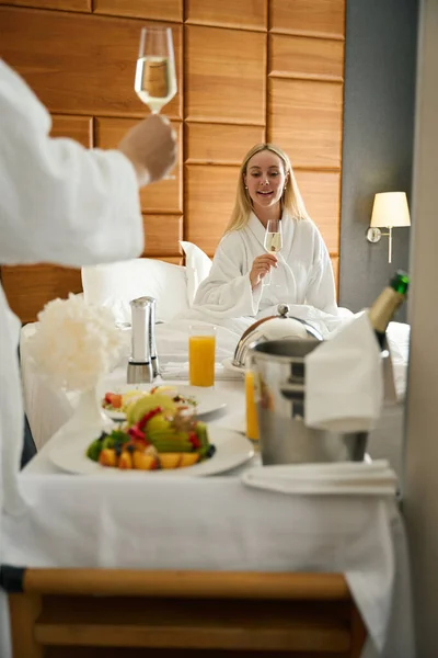 Husband Wife Bathrobes Celebrate Hotel Room Breakfast Served Bedroom — Stock Photo, Image