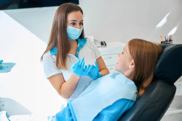 Girl Dental Chair Reception Female Orthodontist Doctor Protective Mask Gloves — Stock Photo, Image