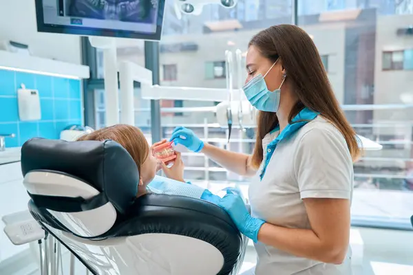 Dentist Young Patient Examining Model Jaws Doctor Protective Mask — Stock Photo, Image