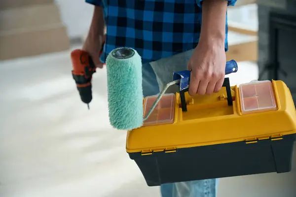 Hands Man Who Holding Paint Roller Tool Box One Hand — Stock Photo, Image