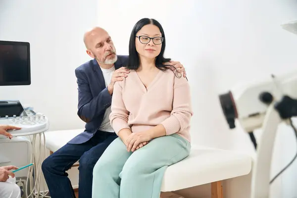 Caring Husband Calming Supporting His Upset Depressed Adult Wife Ultrasound — Stock Photo, Image