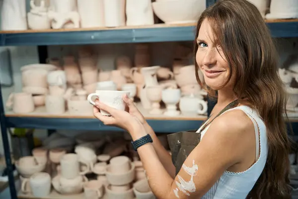 Woman Potter Assortment Ceramic Dishes Bright Workshop — Stock Photo, Image