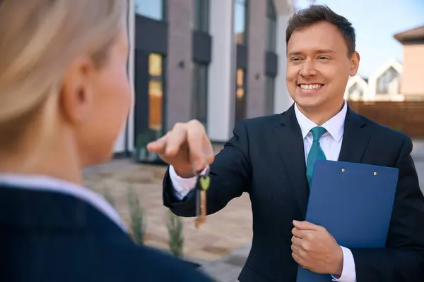 Cropped Photo Happy Male Real Estate Broker Giving Keys Lady — Stock Photo, Image