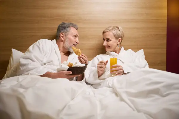 Adult Caucasian Couple Man Croissants Smiling Woman Juice Laying Looking — Stock Photo, Image
