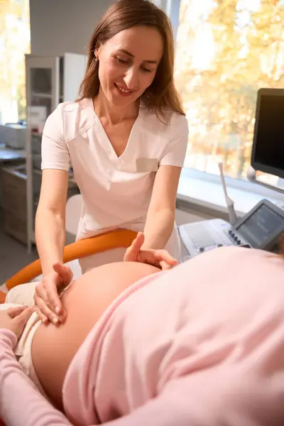 Doctor Examining Pregnant Belly Baby Mother Healthcare Check Modern Clinic — Stock Photo, Image