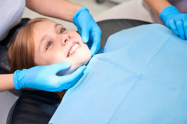 Smiling Teenage Girl Placed Chair Dental Procedures Medical Staff Working — Stock Photo, Image