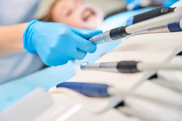 Dentist Uses Sterile Drill Bits Woman Wearing Protective Gloves — Stock Photo, Image