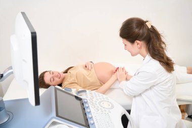 Kadın jinekolog ve genç hamile Avrupalı gülümseyen kadın klinikte ultrason taramasından önce el ele tutuşup birbirlerine bakıyorlar. Hamilelik ve annelik kavramı