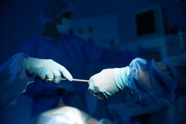 Asistan estetik cerrahi kliniğinde ameliyat sırasında cerrahlara makas ve aletler dağıtıyor.