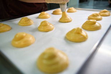 Pasta kağıdının üzerine uzanmış hamur işlerinden güzel daireler. Profesyonel pastacı profiterol pişirecek.