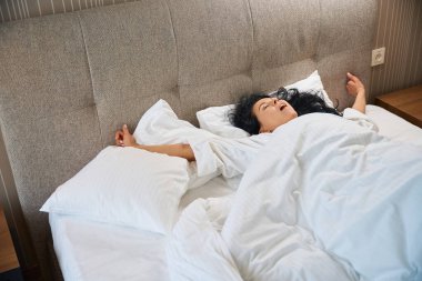 Dişi rahat bir yatakta tatlı tatlı uzanır, rahat bir oda kiralar.