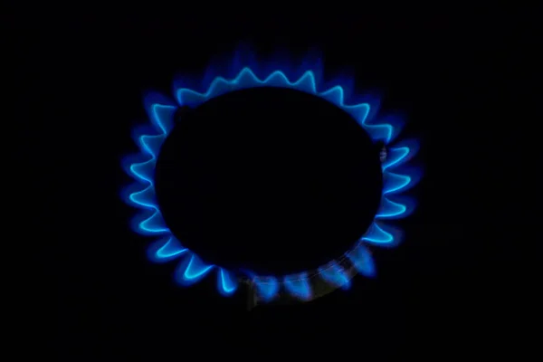 暗い背景にガスストーブのバーナーで天然ガス燃焼の青い炎クローズアップ — ストック写真