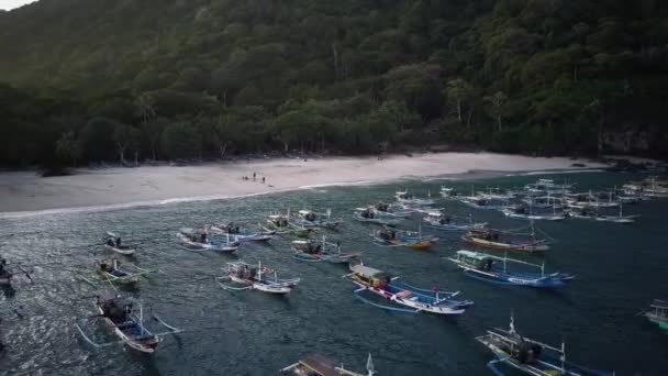 Luchtfoto Van Zeezicht Met Vissersboten Verschillende Vissersboten Leunden Het Strand — Stockvideo