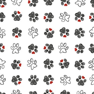 Doodle paw prints with red hearts. Cute fabric design pattern