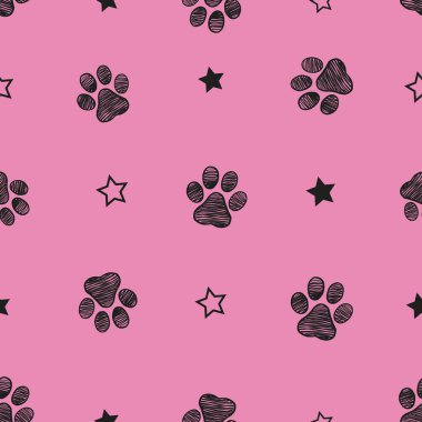 Black doodle paw print pink background seamless fabric design pattern