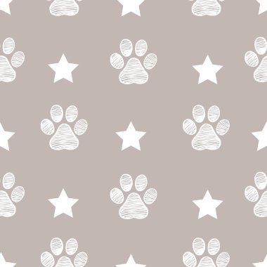 Stars with doodle white paw prints and stars seamless fabric pattern